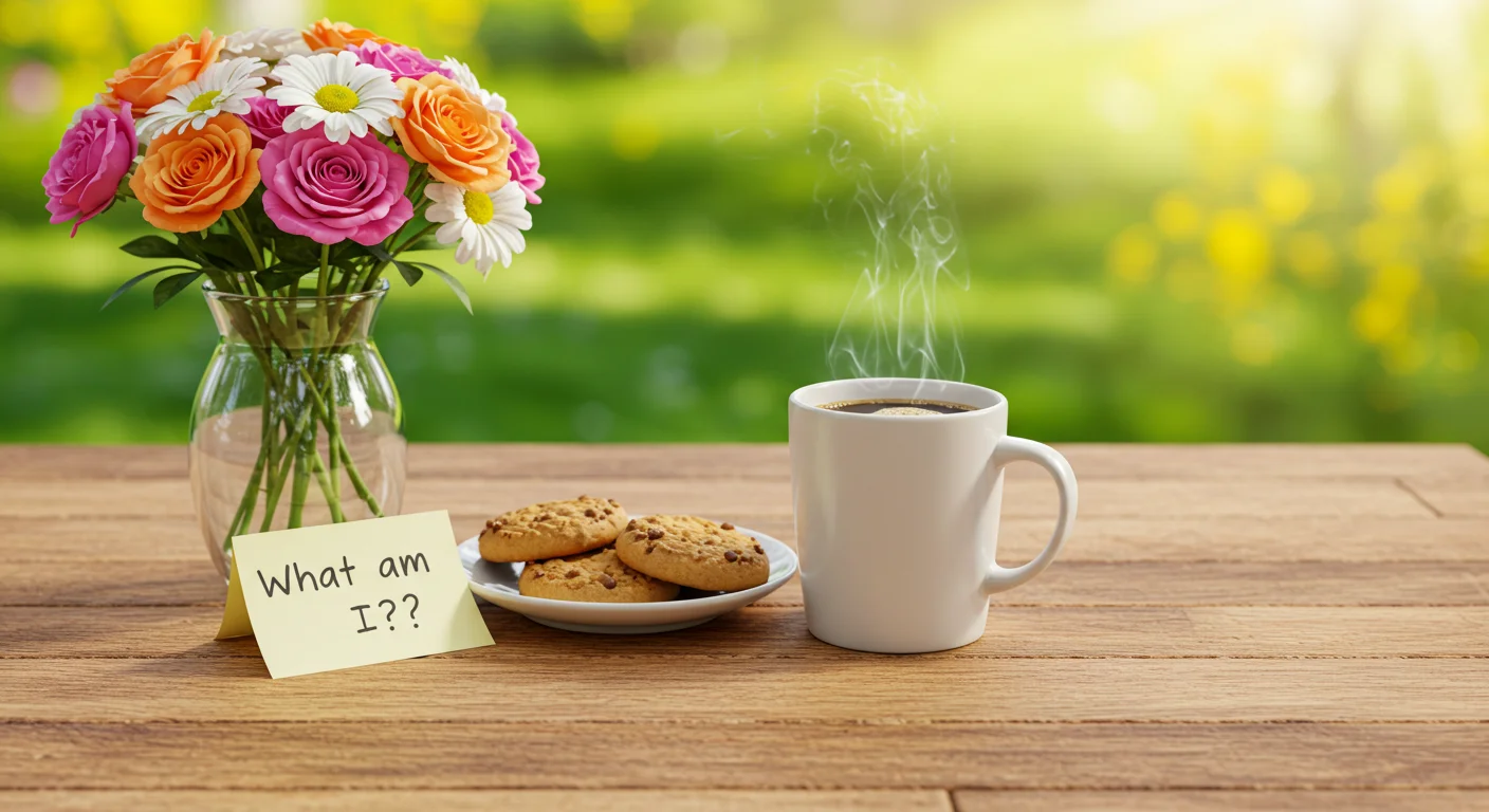 125+ Flower Riddles & Answers: Solved With Blooming Wisdom 1 Colorful flower bouquet with roses and daisies in a glass vase next to coffee, cookies and a note saying 'What am I?' on wooden table outdoors