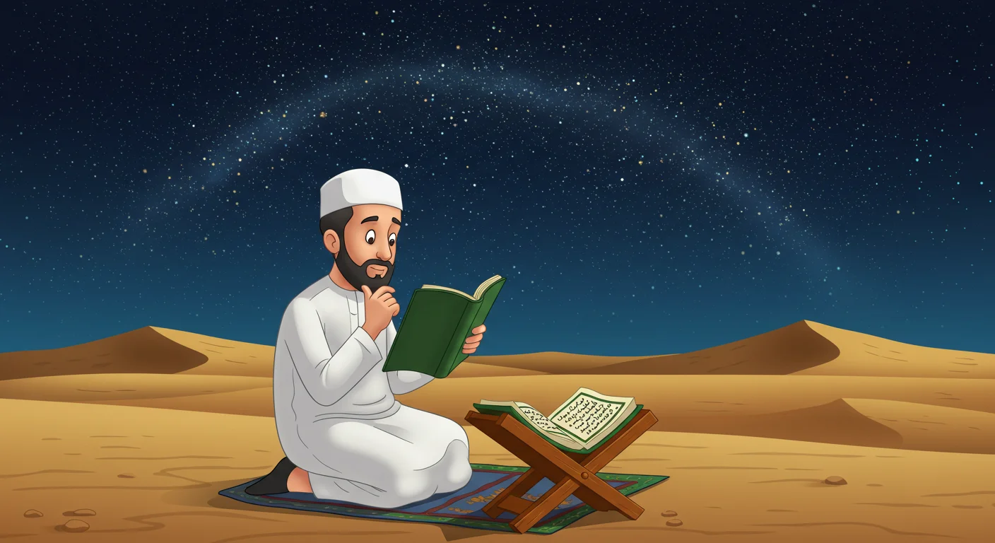 Man in white traditional clothing reading Islamic texts under starry night sky in desert