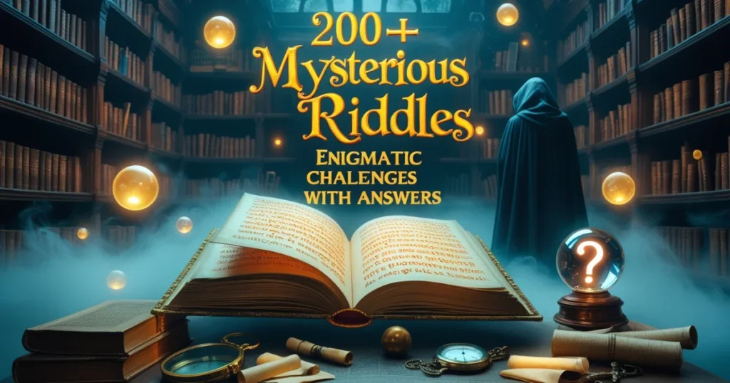200+ mysterious riddles collection featuring an ancient book in a magical library with glowing orbs and a cloaked figure
