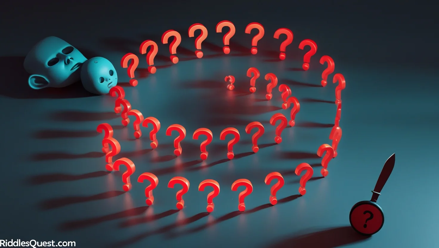 200+ Psychopath Riddles: Creepy Challenges with Answers 1 Glowing red question marks arranged in a circle with blue theatrical masks and a magnifying glass