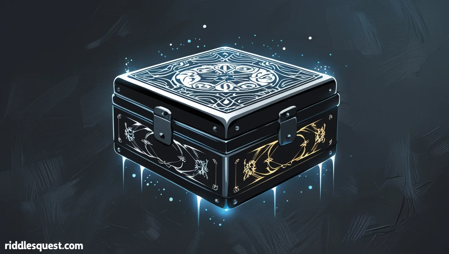 200+ Mysterious Riddles: Enigmatic Challenges with Answers 7 Ornate black chest with glowing blue and gold symbols and illuminated sacred geometry pattern