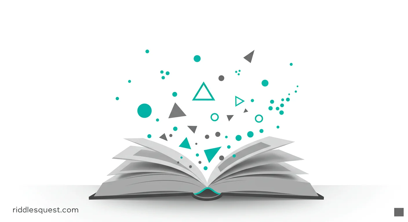 Open book with teal geometric shapes and circles floating above it representing knowledge and imagination