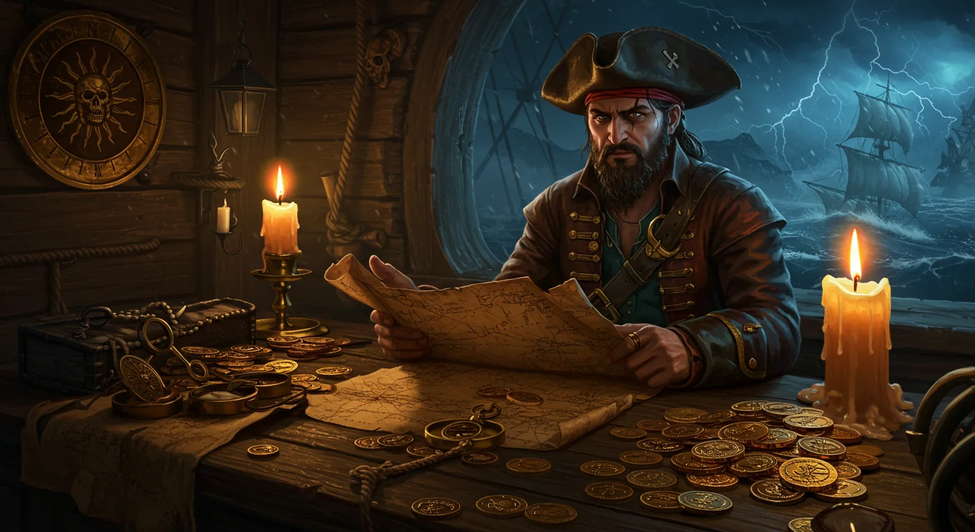 Pirate captain examining a treasure map by candlelight with gold coins scattered on a wooden table during a storm