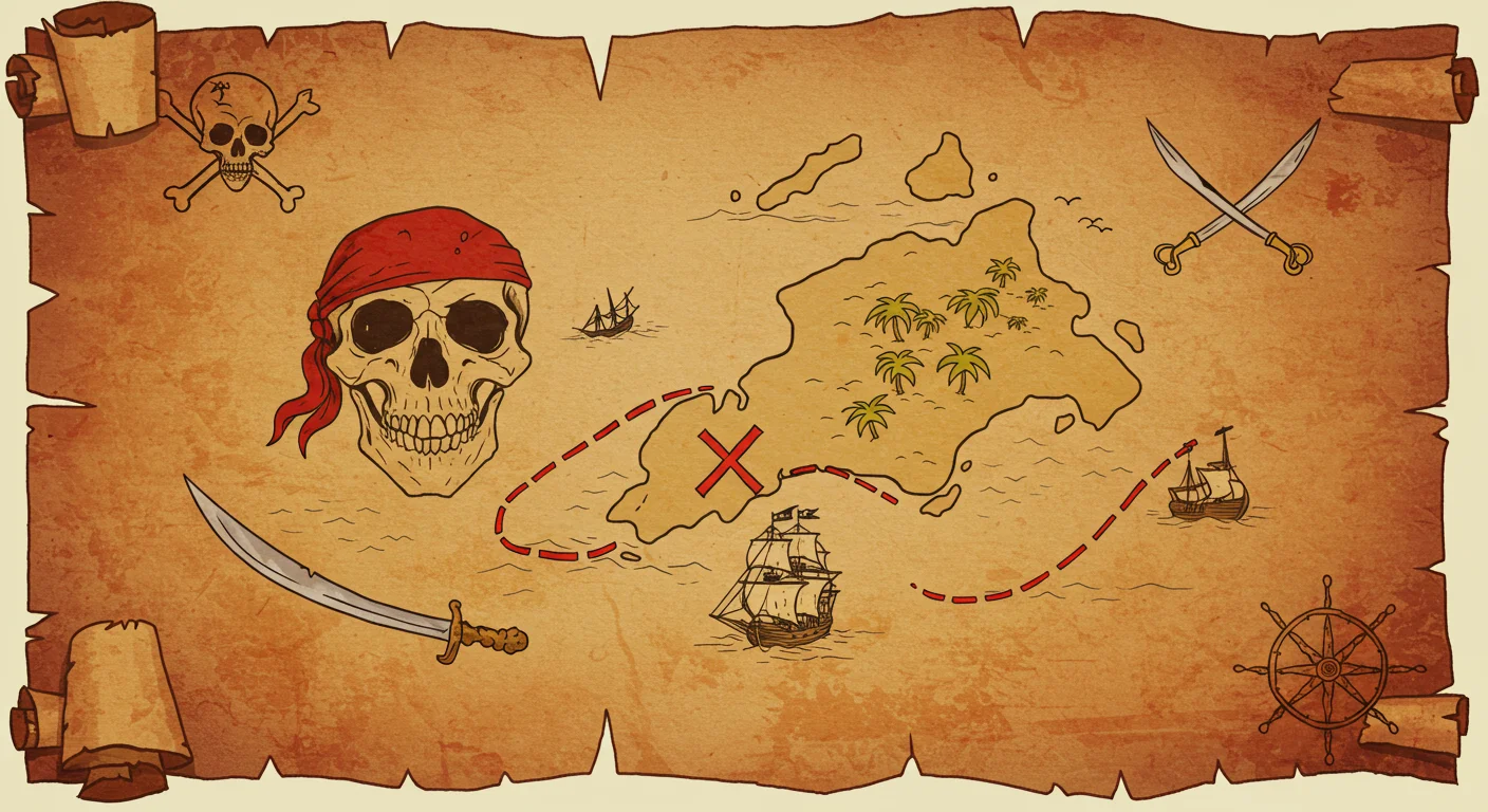 Vintage pirate treasure map with skull, crossed swords, ships and marked treasure location