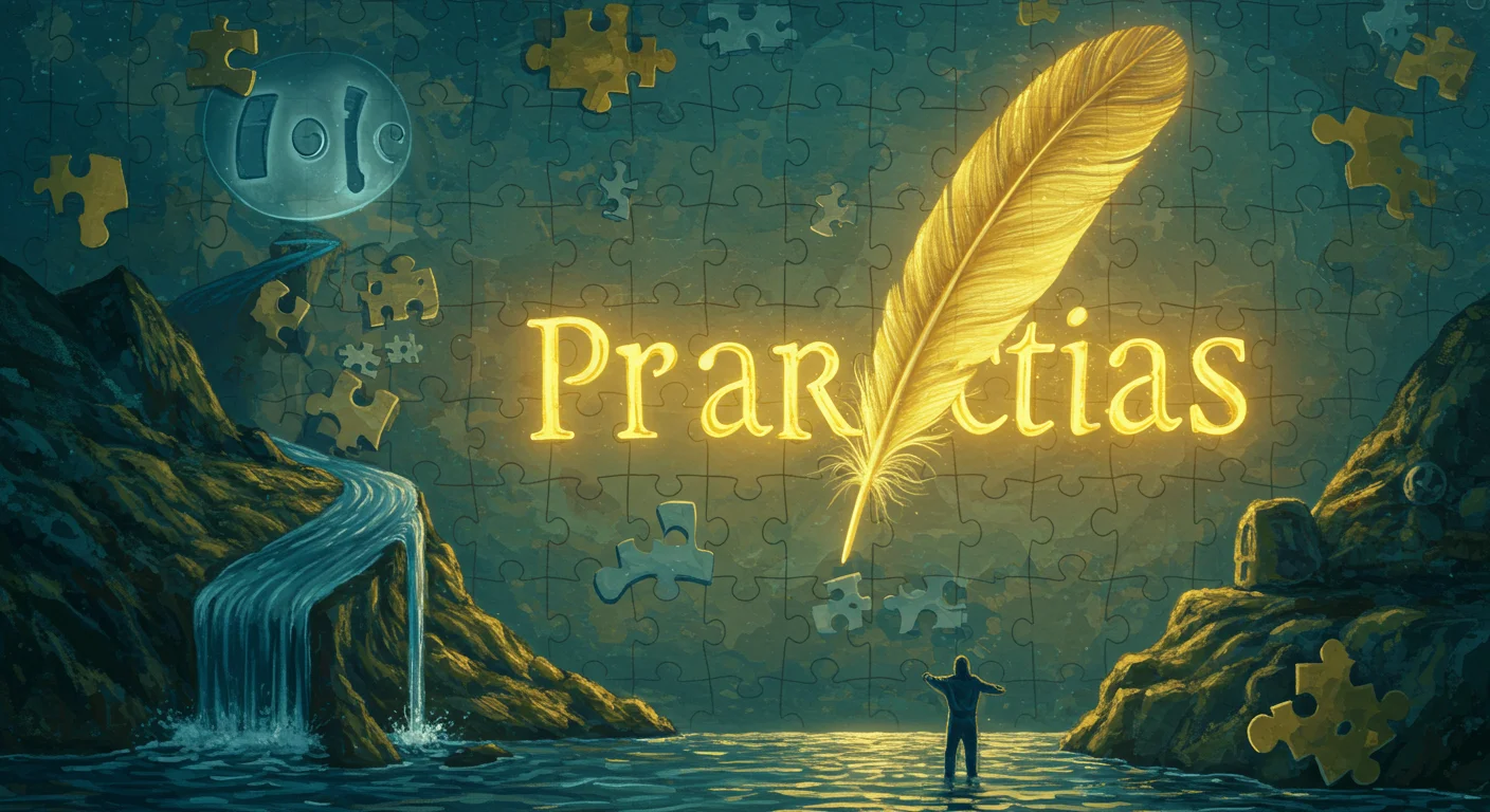 150+ Confusing Riddles and Answers to Stump Your Friends 6 A silhouette of a person standing in water facing a glowing golden feather with the word "Praktias" and puzzle pieces overlay