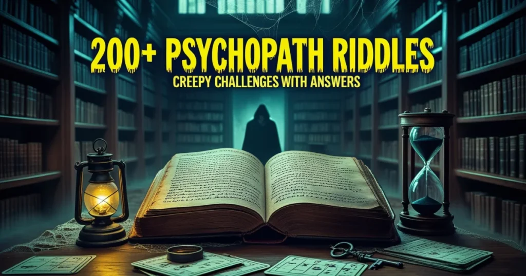 200+ psychopath riddles and creepy challenges with answers displayed in a dimly lit library with an open book, lantern, and hourglass