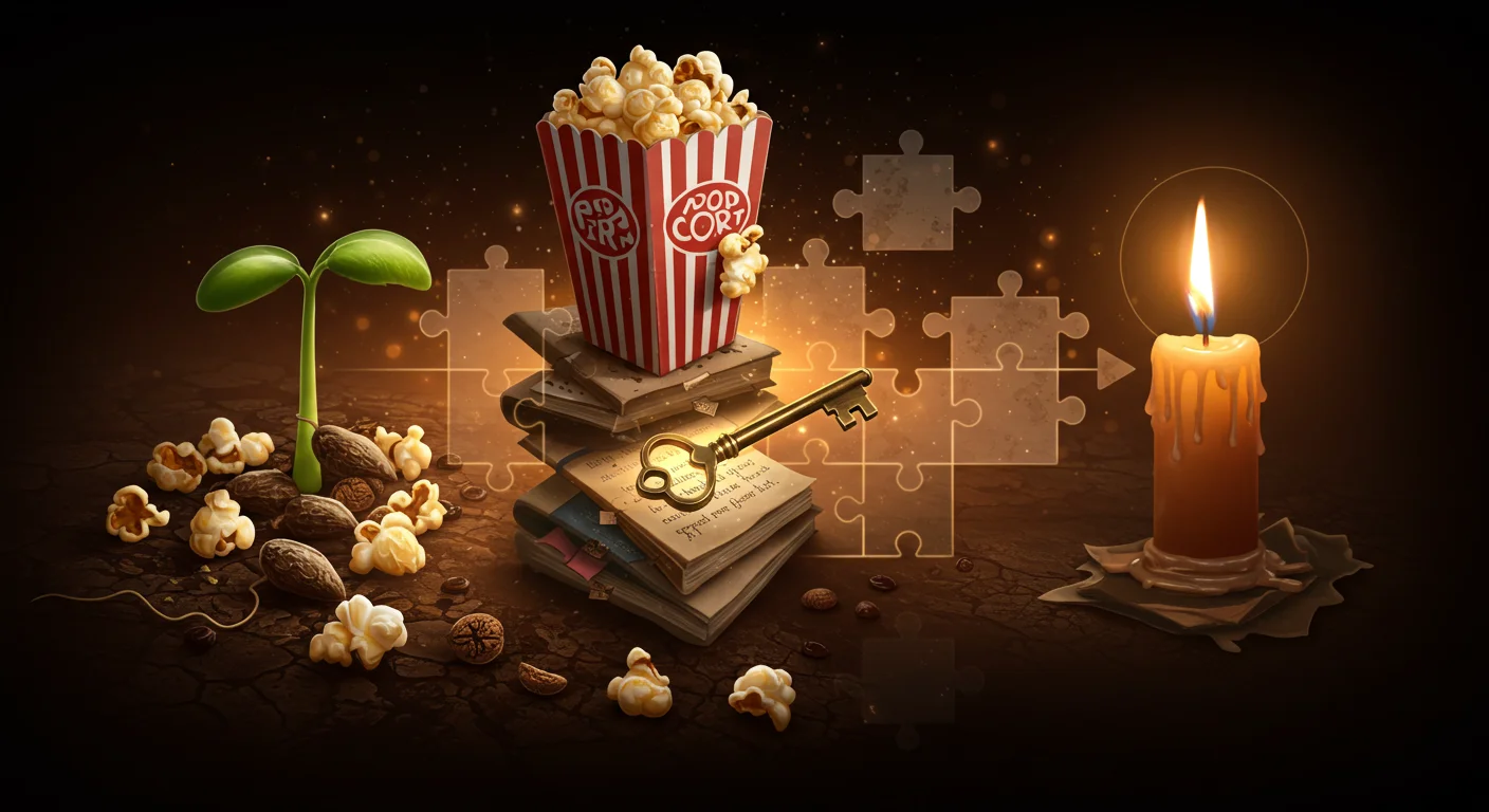 150+ Confusing Riddles and Answers to Stump Your Friends 5 A cinematic still life with popcorn, books, a golden key, seedling, and candle with puzzle pieces in the background