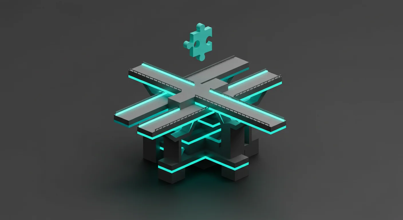 125+ Clever Bridge Riddles: Logical Challenges with Solutions 7 3D rendering of a futuristic intersection with teal lighting and a floating puzzle piece