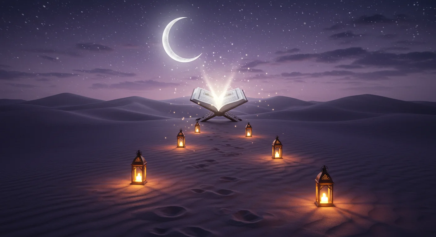 Glowing Quran on a wooden stand surrounded by lanterns in a desert under a crescent moon