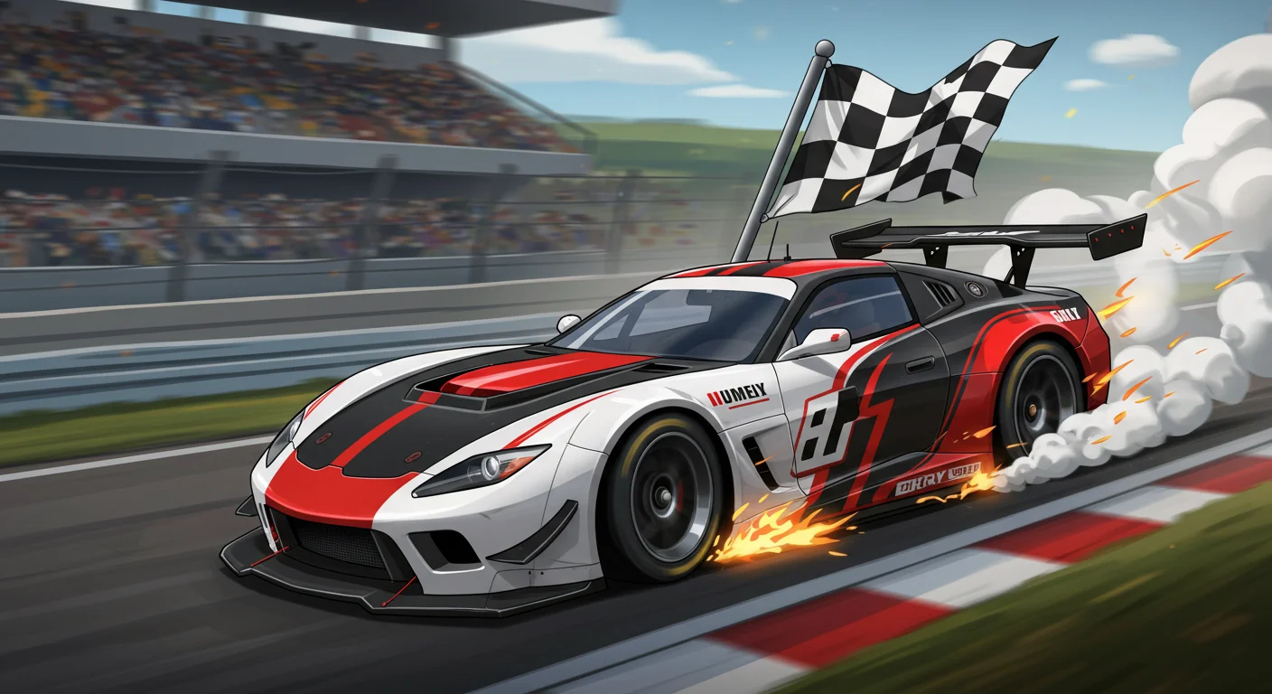 150+ Fun Car Riddles with Answers to Solve On the Go 15 Racing car with flames and checkered flag on racetrack with grandstands