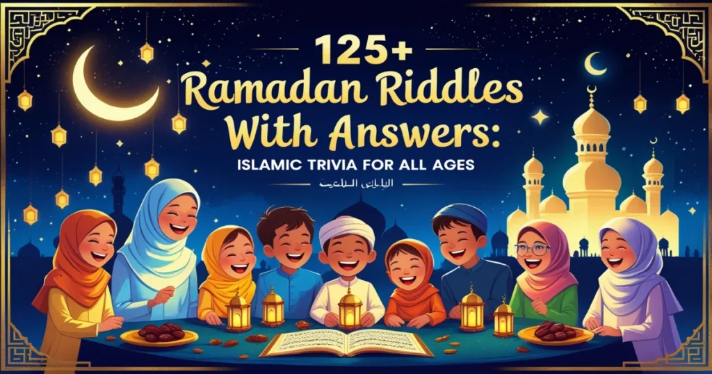 Children and adults gathering around a Quran during Ramadan with lanterns and a mosque background