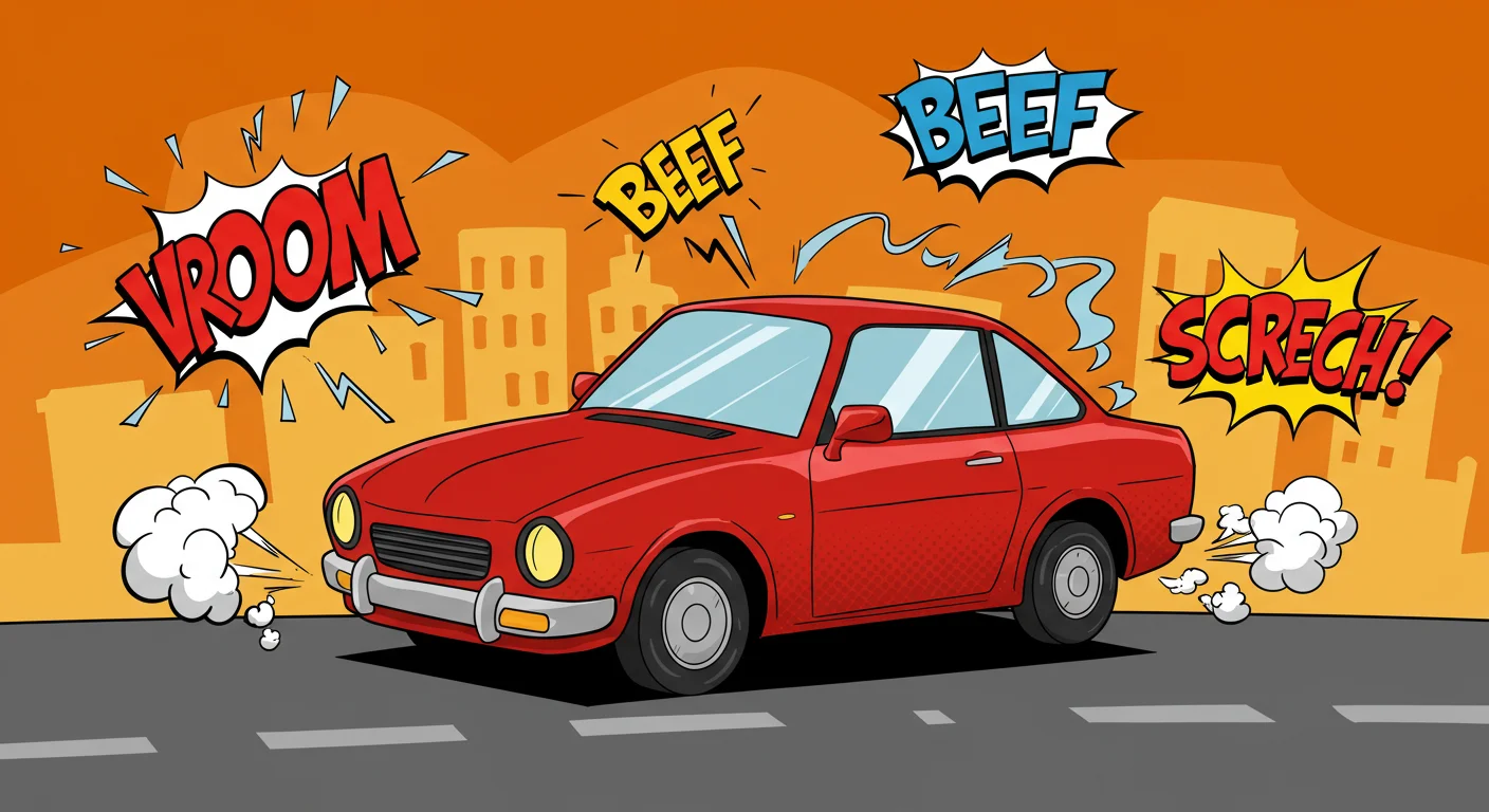 150+ Fun Car Riddles with Answers to Solve On the Go 8 Red classic sports car with comic book sound effect bubbles including vroom and screech