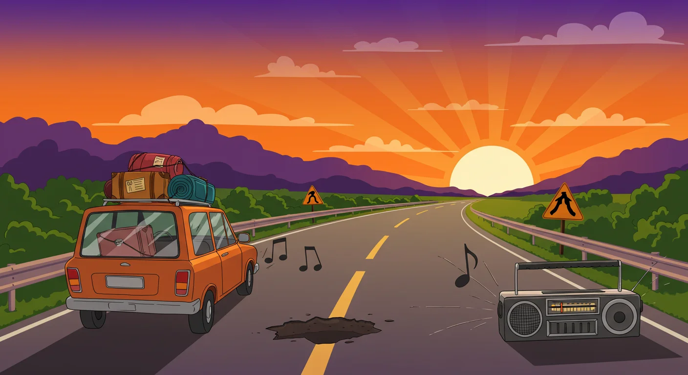 150+ Fun Car Riddles with Answers to Solve On the Go 11 Cartoon station wagon with luggage on sunset highway with boombox and musical notes