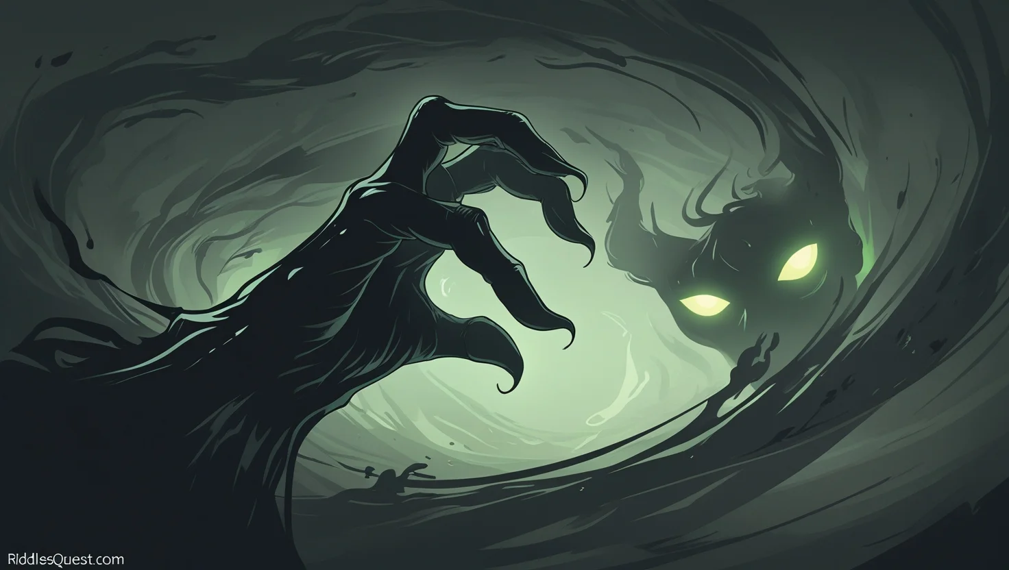 200+ Mysterious Riddles: Enigmatic Challenges with Answers 4 Dark shadowy creature with glowing green eyes emerging from swirling darkness