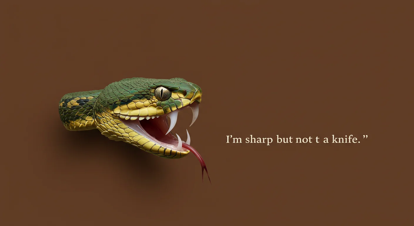125+ Snake Riddles from Easy to Venomous (Answers Included!) 1 Green and yellow snake with fangs and riddle text about being sharp