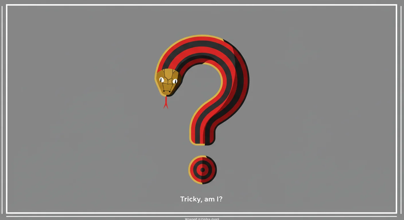 125+ Snake Riddles from Easy to Venomous (Answers Included!) 5 Question mark shaped like a red and black banded snake with golden edges and text 'Tricky, am I?