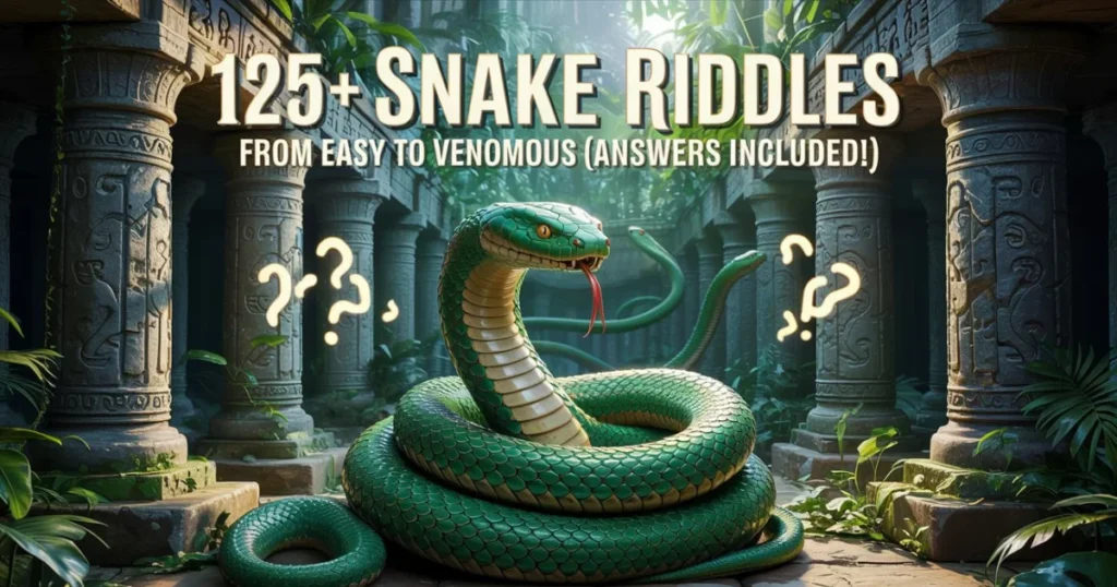125+ snake riddles from easy to venomous with a green cobra in ancient ruins