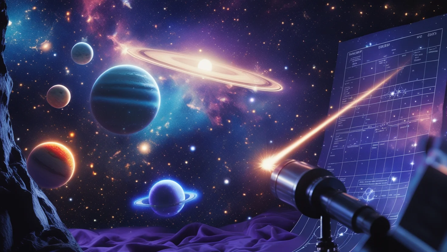 Cosmic space scene with planets, galaxy, and telescope projecting star chart