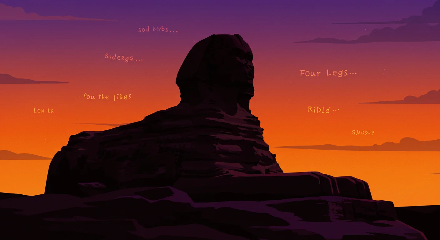 Silhouette of Sphinx against sunset sky with riddle fragments floating around it