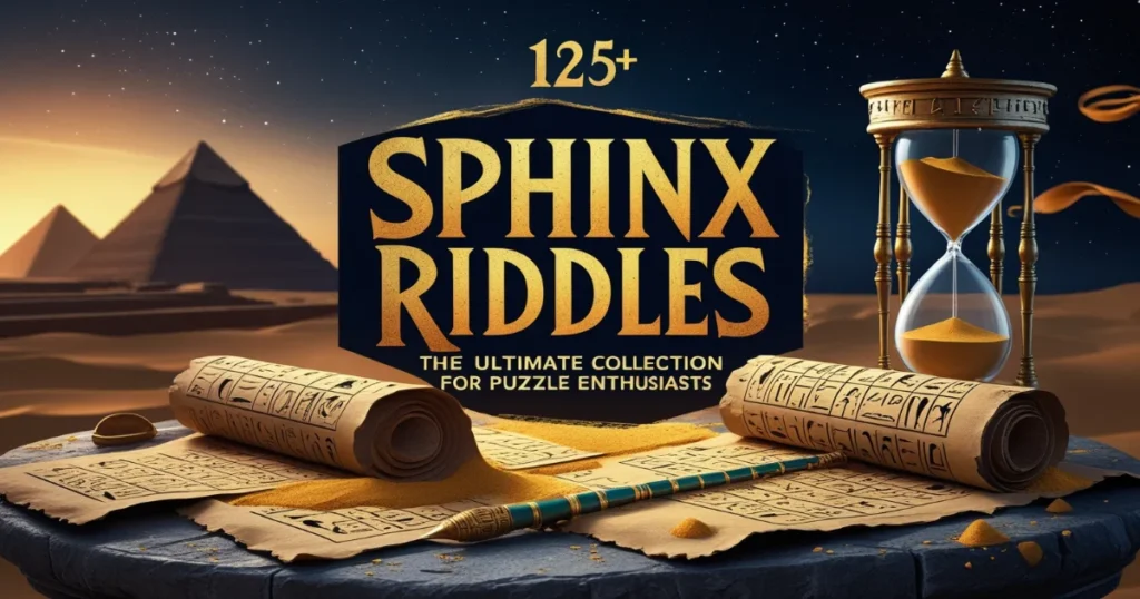 125+ Sphinx Riddles: The Ultimate Collection for Puzzle Enthusiasts featuring ancient Egyptian scrolls and an hourglass against a pyramid backdrop
