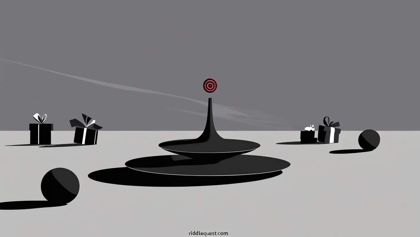 200+ Psychopath Riddles: Creepy Challenges with Answers 7 A black spinning top with a red bullseye target surrounded by gift boxes on a white surface