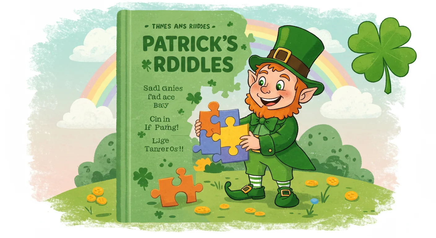 125+ St. Patrick's Day Riddles & Answers for a Fun Celebration 1 Illustrated green book cover titled "Patrick's Riddles" with a leprechaun character holding puzzle pieces and shamrock decorations