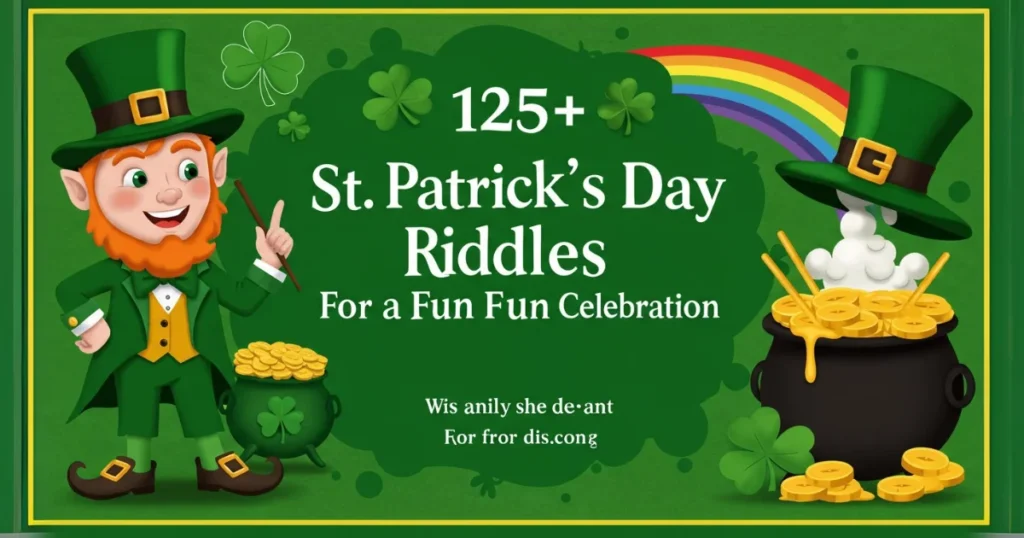 125+ St. Patrick's Day Riddles book cover with leprechaun, pot of gold, rainbow, and shamrocks on green background