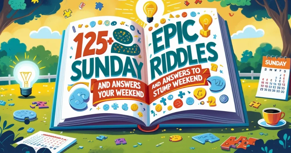 Colorful illustration of an open book showing "125+ Epic Sunday Riddles and Answers to Stump Your Weekend" with puzzle pieces and light bulbs in a sunny outdoor setting