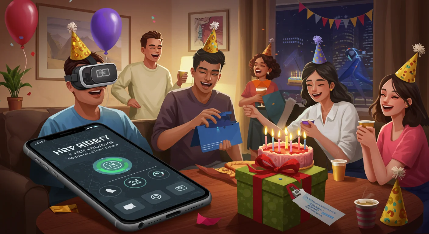 45 Modern Birthday Riddles: Technology and Pop Culture Twists 6 Friends celebrating birthday with VR headset and smartphone app