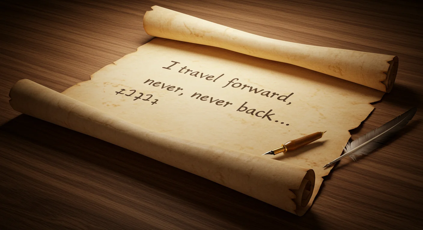 Ancient parchment scroll with riddle "I travel forward, never back" and writing implements