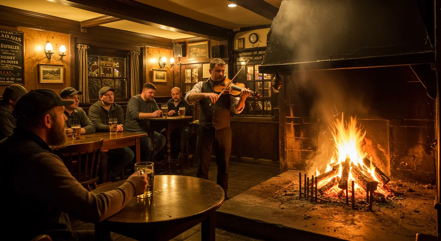 125+ Irish Riddles & Answers: Fun, Folklore, and Celtic Puzzles 3 Violinist performing by roaring fireplace in cozy Irish pub with patrons enjoying pints of beer
