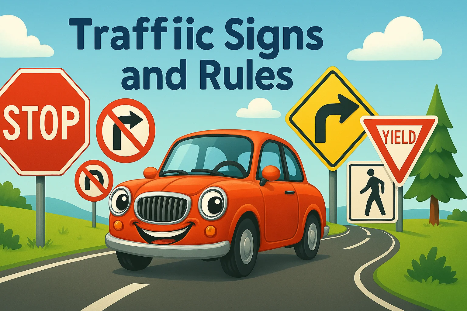 150+ Fun Car Riddles with Answers to Solve On the Go 16 Cartoon red car with smiling face surrounded by common traffic signs including stop, yield, and pedestrian crossing