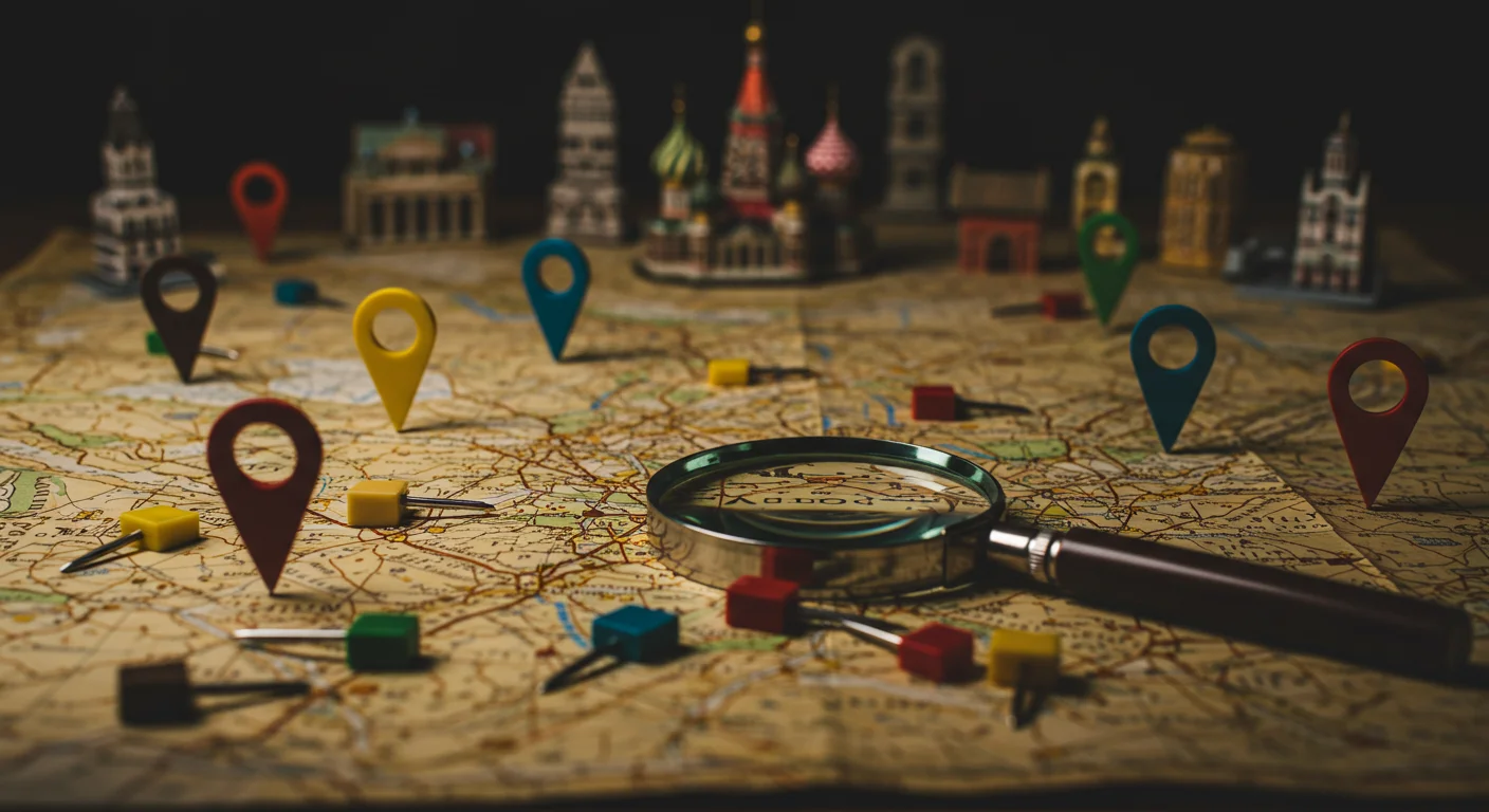 Travel planning map with magnifying glass, location pins, and miniature landmark buildings