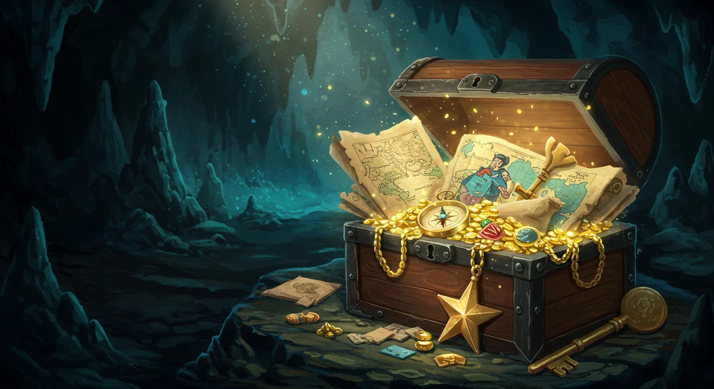 150+ Disney Riddles: The Ultimate Collection of Disney Riddles 5 A magical treasure chest filled with gold coins, maps, and a compass in a mysterious blue cave