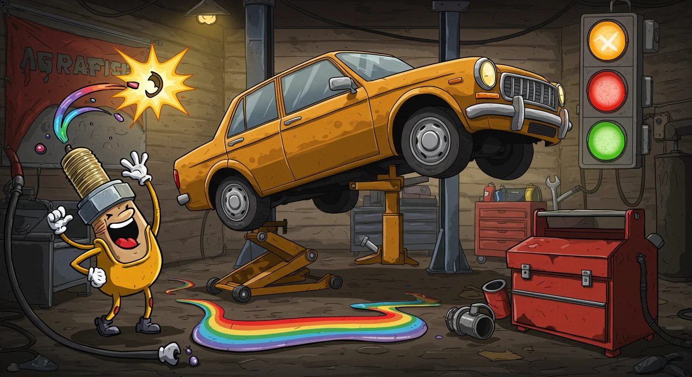 150+ Fun Car Riddles with Answers to Solve On the Go 7 Yellow compact car on hydraulic lift in repair garage with animated oil filter character