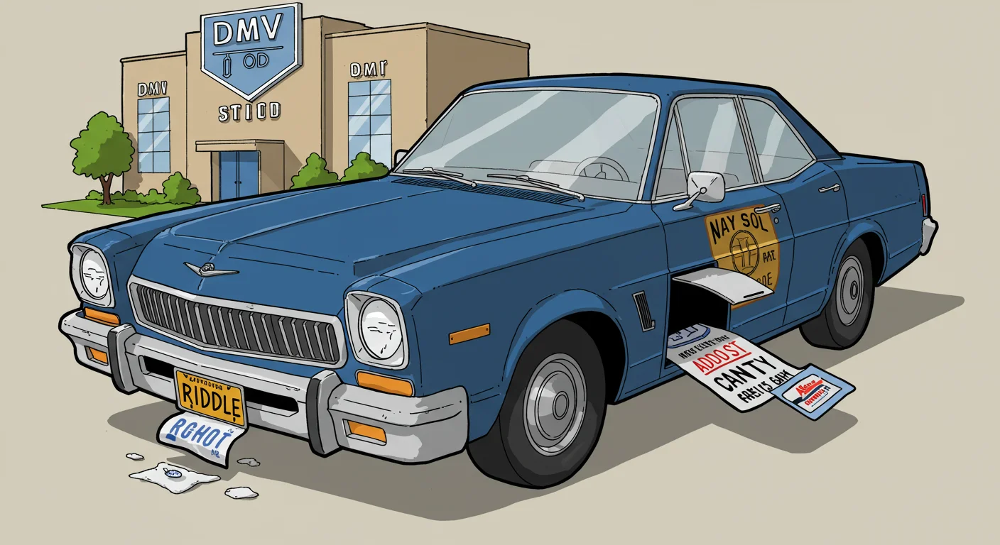 150+ Fun Car Riddles with Answers to Solve On the Go 14 Blue vintage car with "RIDDLE" license plate in front of DMV building