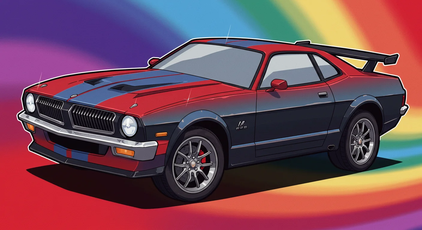 150+ Fun Car Riddles with Answers to Solve On the Go 5 Red and blue classic muscle car with racing stripes and spoiler against rainbow background