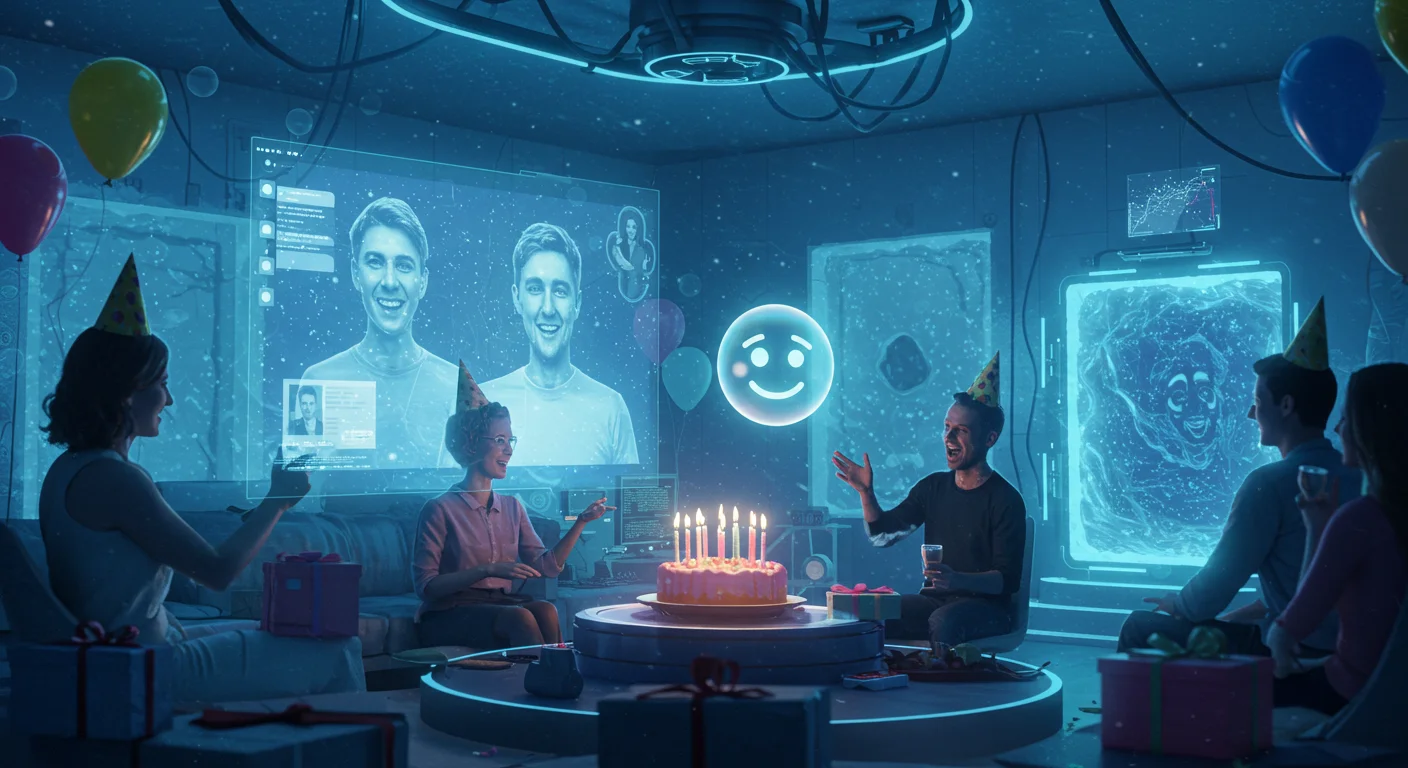 45 Modern Birthday Riddles: Technology and Pop Culture Twists 9 Friends celebrating a virtual birthday party with video calls and holographic displays