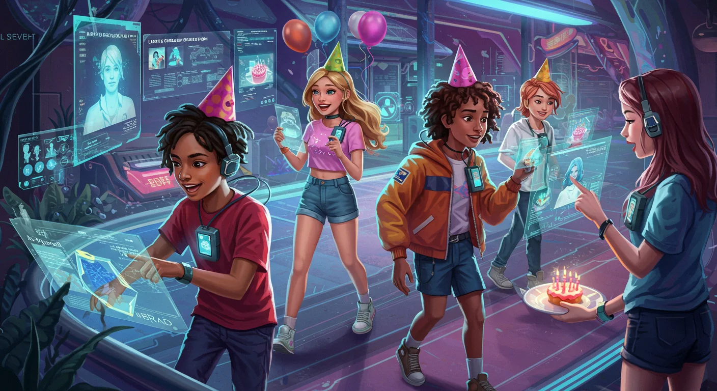 45 Modern Birthday Riddles: Technology and Pop Culture Twists 8 Teens celebrating a birthday party with virtual reality technology and holographic displays