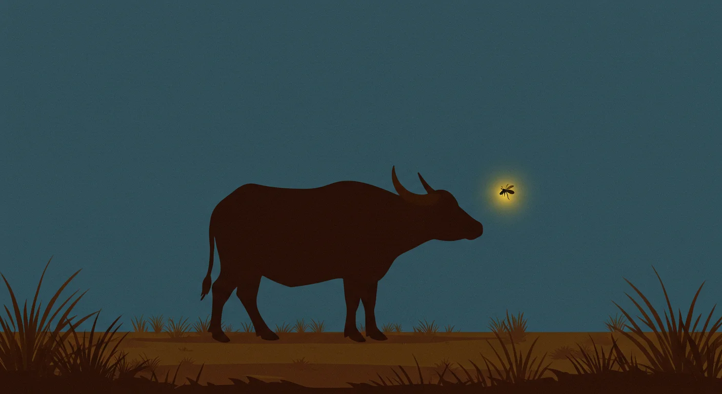 125+ Filipino Riddles: Fun Bugtong & Answers to Spark Your Wit 5 Silhouette of a water buffalo with a glowing firefly against a twilight sky