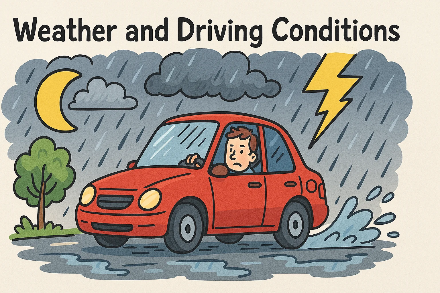 150+ Fun Car Riddles with Answers to Solve On the Go 17 Cartoon of concerned driver in red car during stormy weather with rain, lightning, and puddles
