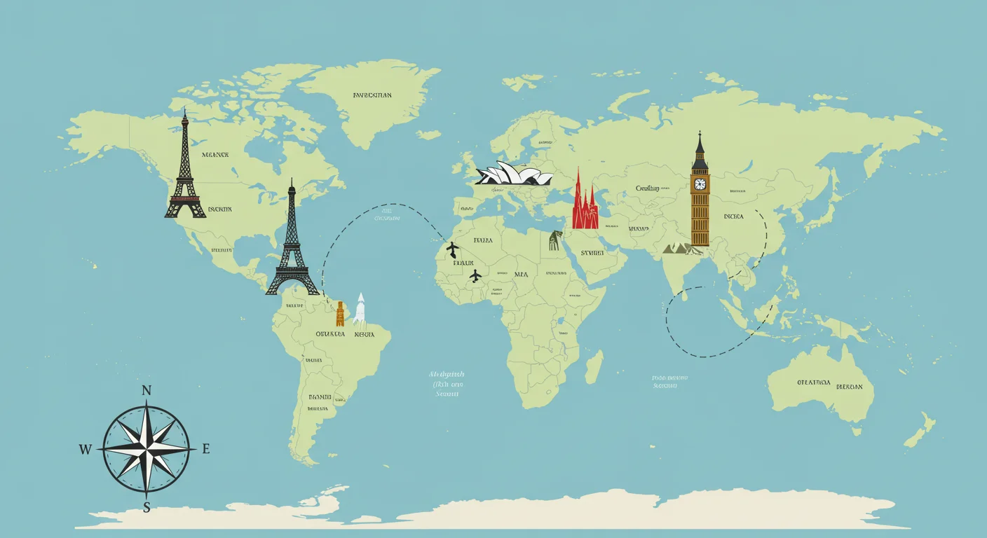 Stylized world map featuring iconic landmarks including the Eiffel Tower, Sydney Opera House, and Big Ben