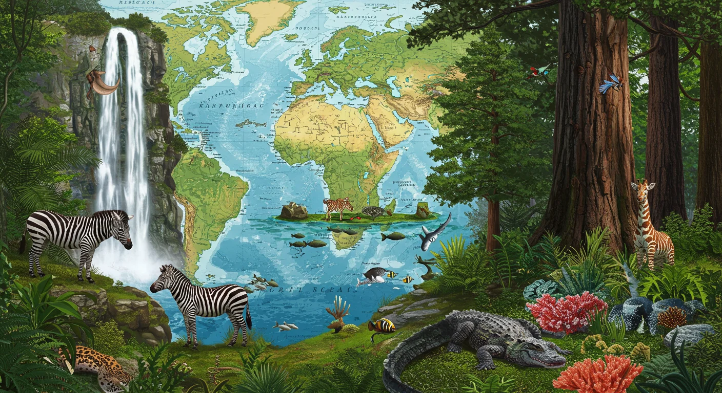 Artistic world map with wildlife animals, waterfall, and various ecosystems