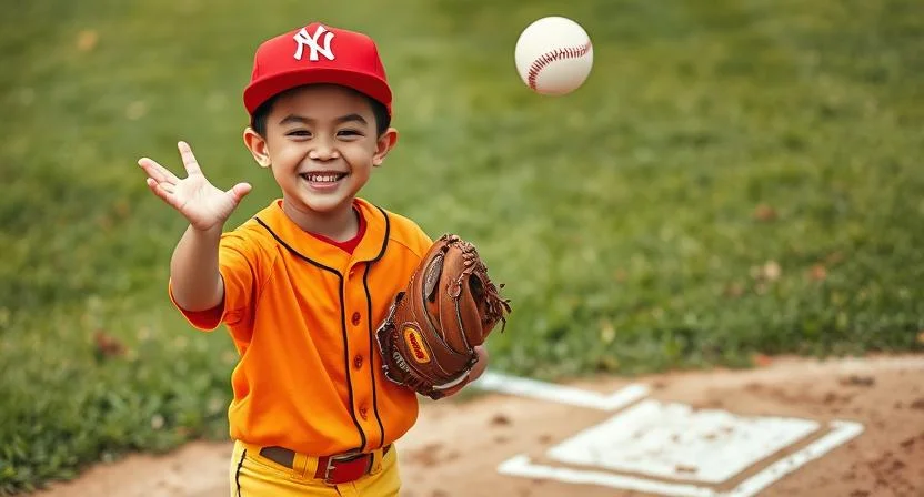 125+ Baseball Riddles with Answers for Fans of All Ages 1 Young boy in orange baseball uniform and red NY Yankees cap tossing a baseball while wearing a glove