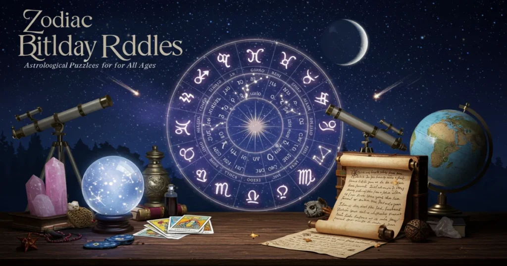 Zodiac Birthday Riddles astrological puzzles with zodiac wheel, crystals, telescope, globe, and fortune-telling items against a starry night sky