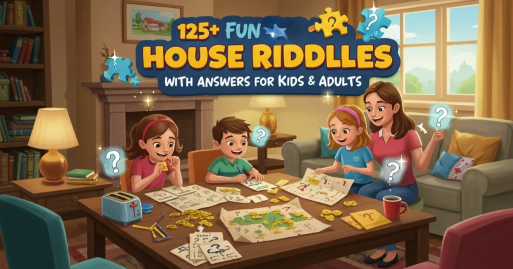 Family solving house riddles together in a cozy living room
