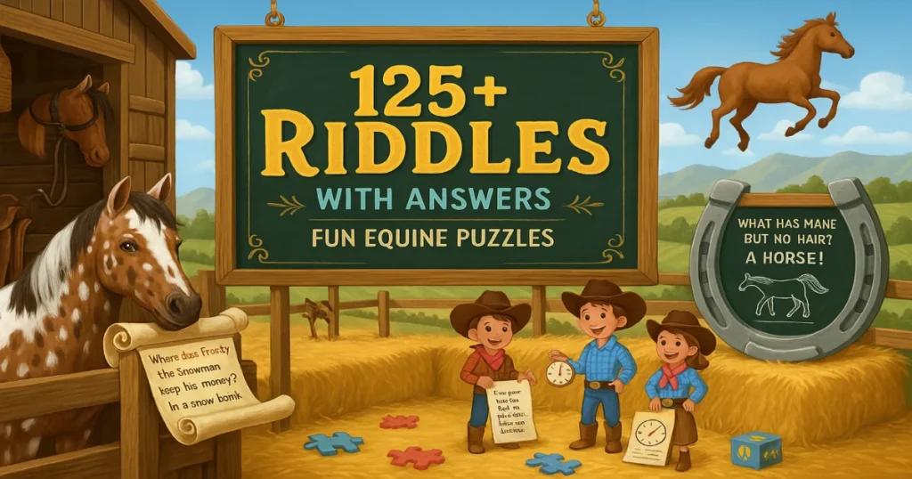 Cartoon illustration of children and horses with "125+ Riddles with Answers" sign for equine puzzles