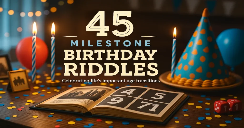 Festive birthday celebration table with a book of 45 birthday riddles, candles, and party decorations