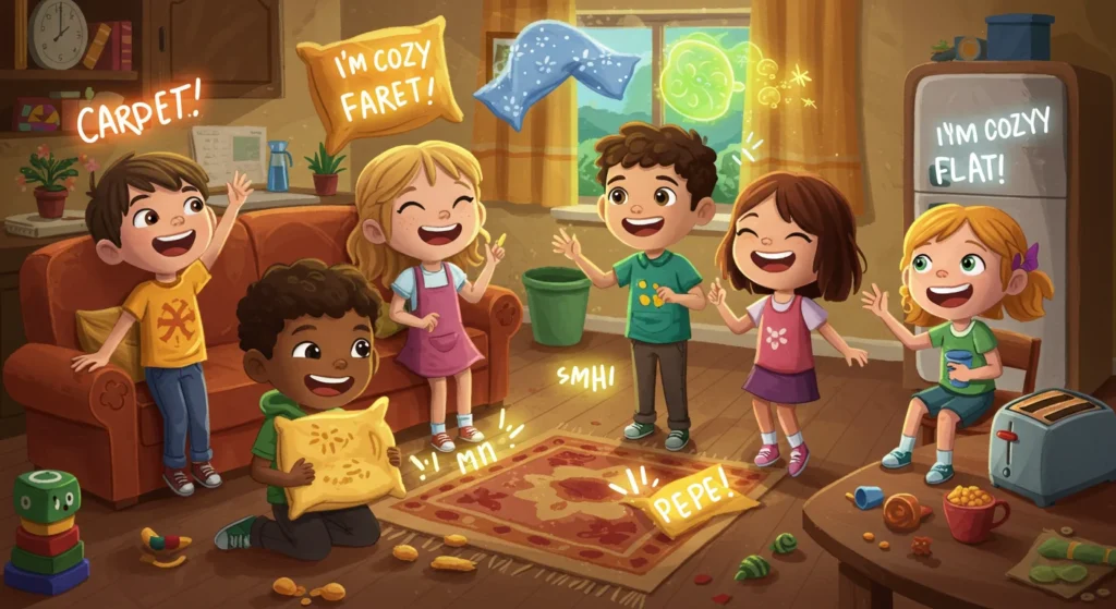 125+ Fun House Riddles with Answers for Kids & Adults 1 Children playing a creative word game with pillows in a cozy living room