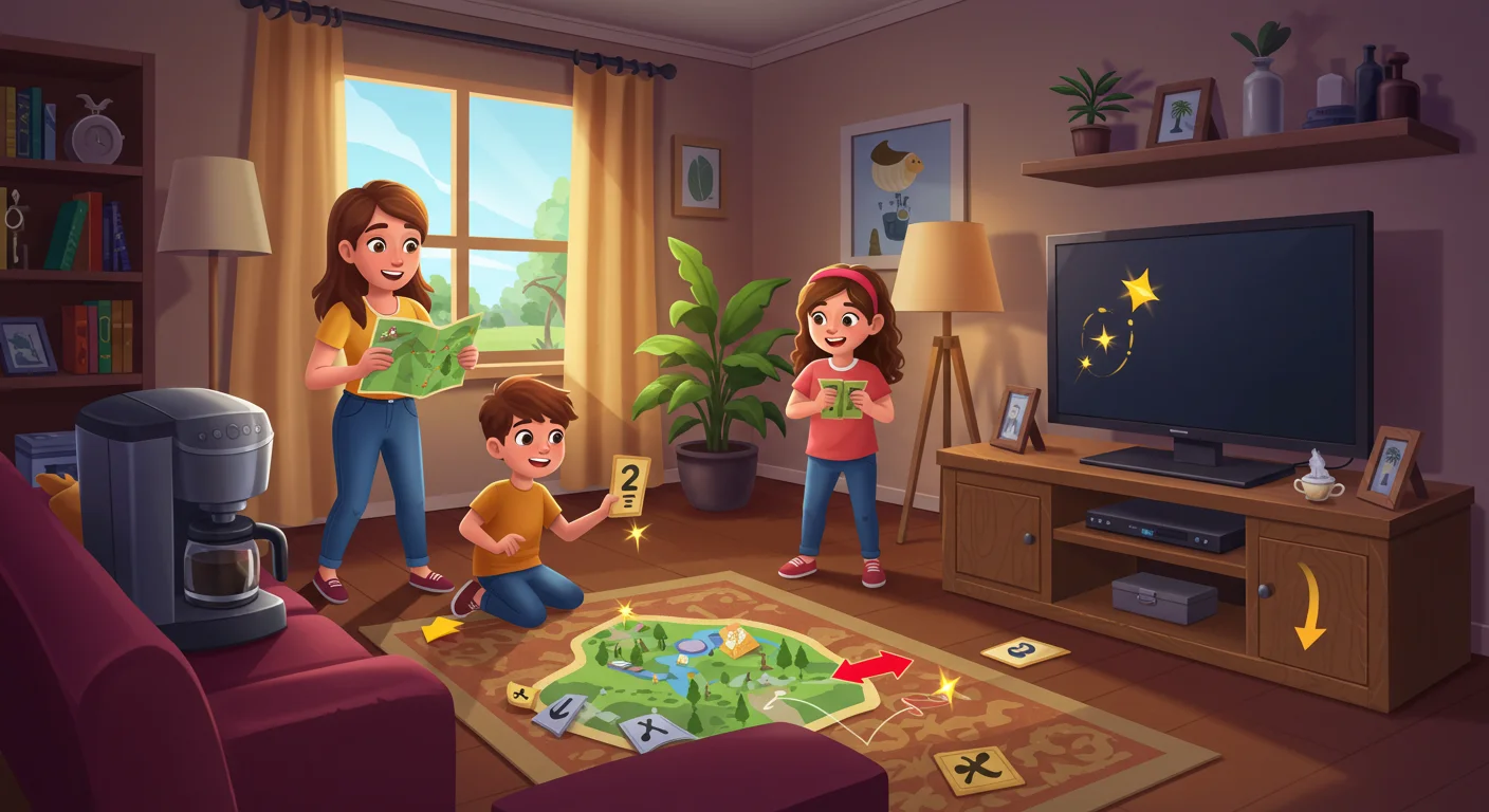 125+ Fun House Riddles with Answers for Kids & Adults 3 Family playing an interactive treasure hunt map game in living room